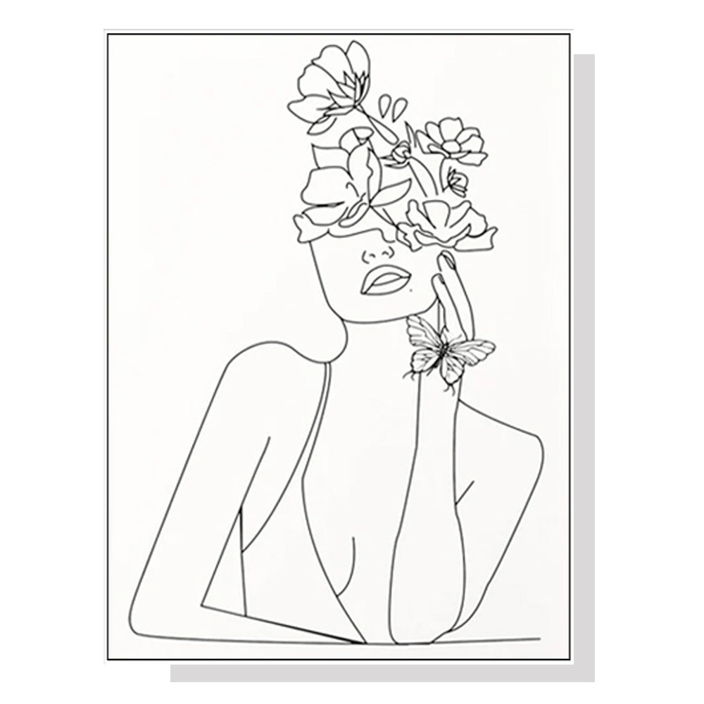 50cmx70cm Line Art Girl Canvas Wall Art framed in white, showcasing a modern design perfect for home decor.