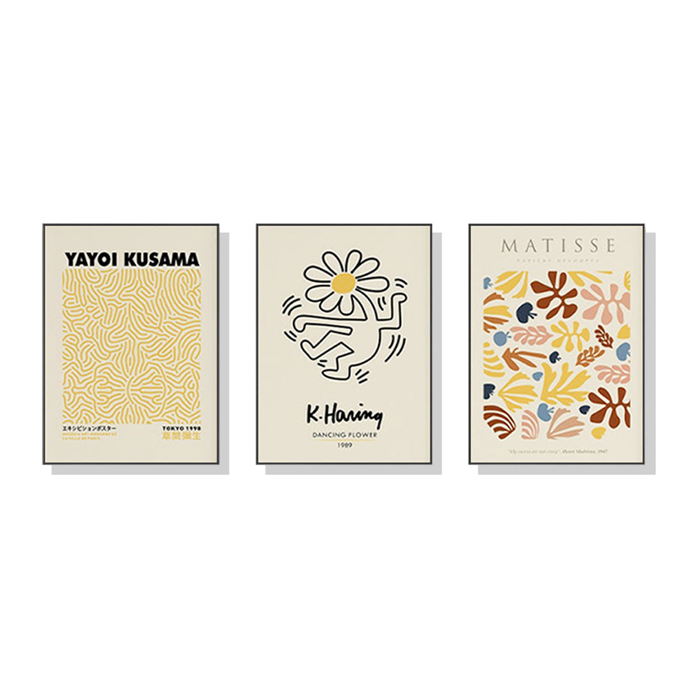 A set of three framed canvas prints featuring Matisse, Keith Haring, and Yayoi Kusama art, elegantly displayed in black frames.