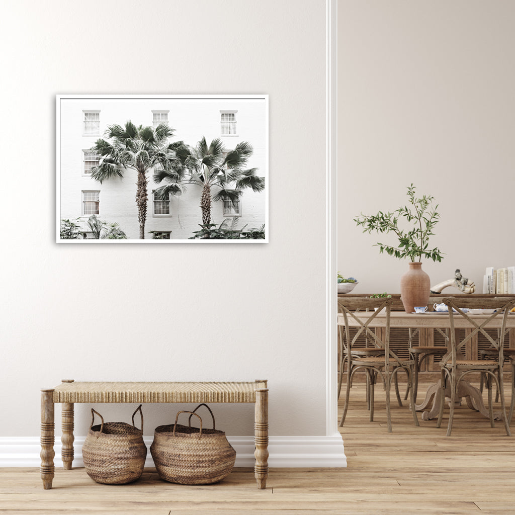 50cmx70cm Palm Tree Canvas Wall Art in a white frame, showcasing a vibrant palm tree design, perfect for home decor.