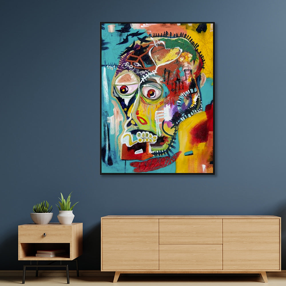 50cmx70cm Pop Art Head canvas wall art in a black frame, showcasing vibrant colors and a modern design, perfect for home decor.