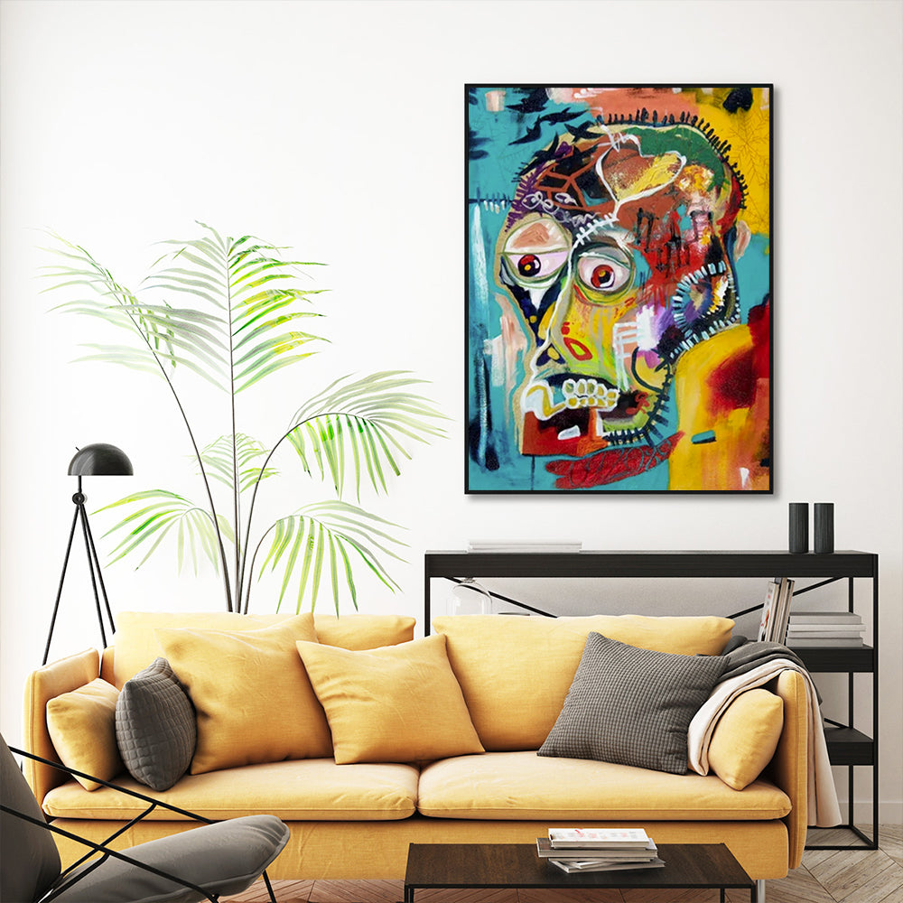 50cmx70cm Pop Art Head canvas wall art in a black frame, showcasing vibrant colors and a modern design, perfect for home decor.