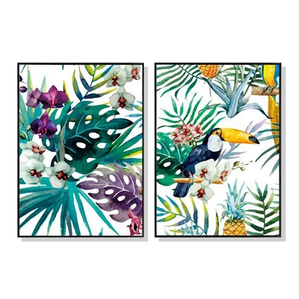 50cmx70cm canvas wall art featuring a vibrant toucan and orchid design in a sleek black frame.