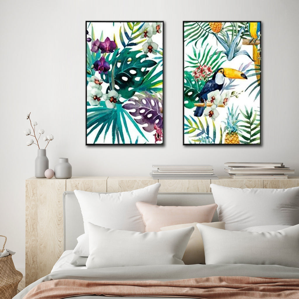 50cmx70cm canvas wall art featuring a vibrant toucan and orchid design in a sleek black frame.