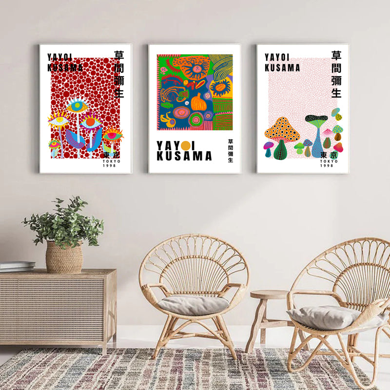 50cmx70cm Yayoi Kusama wall art set in a white frame, showcasing vibrant colors on premium canvas.