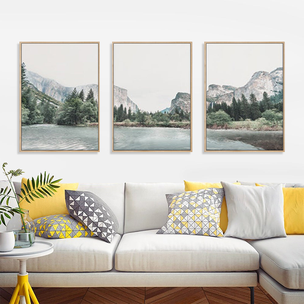 Framed canvas wall art of Yosemite Valley National Park, showcasing vibrant colors and stunning landscape details.