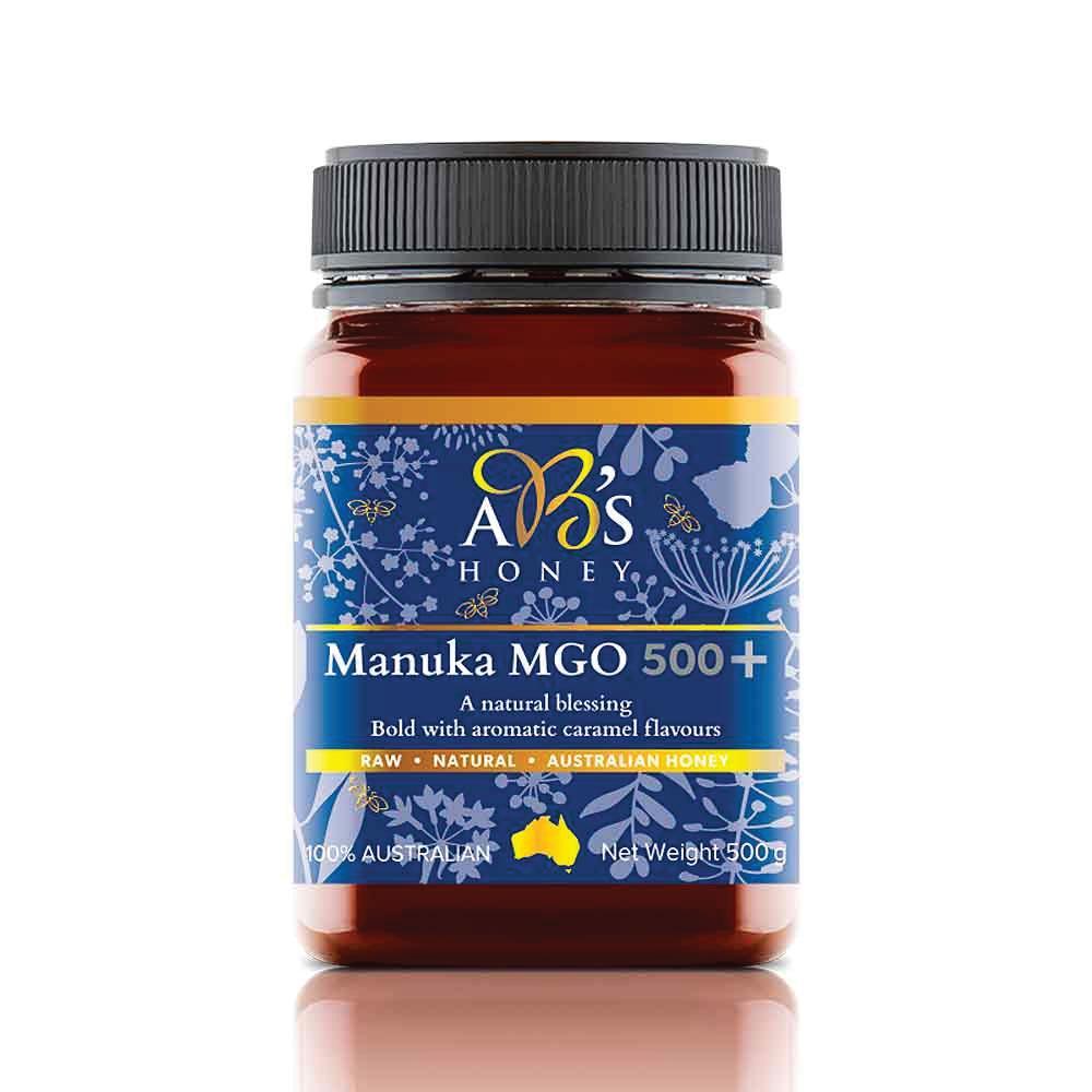 500g jar of MGO 500+ Australian Manuka Honey with a rich dark color, showcasing its natural purity and quality.