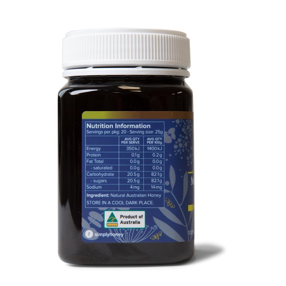 500g jar of MGO 500+ Australian Manuka Honey with a rich dark color, showcasing its natural purity and quality.