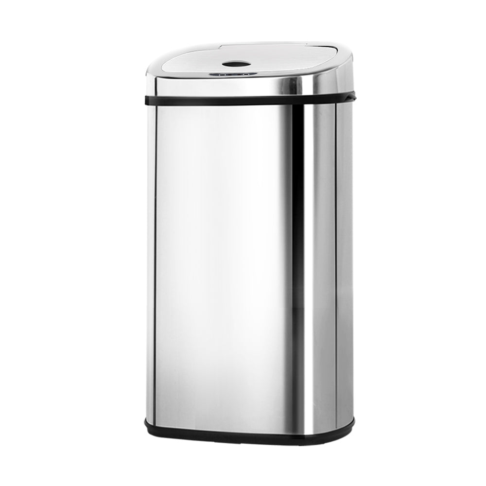 A sleek 50L stainless steel motion sensor rubbish bin with a modern design, perfect for kitchens.