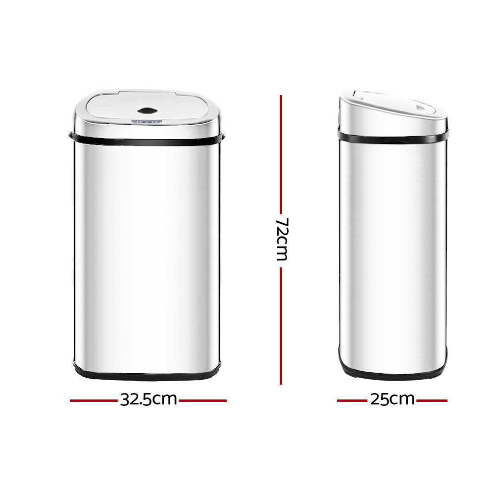 A sleek 50L stainless steel motion sensor rubbish bin with a modern design, perfect for kitchens.