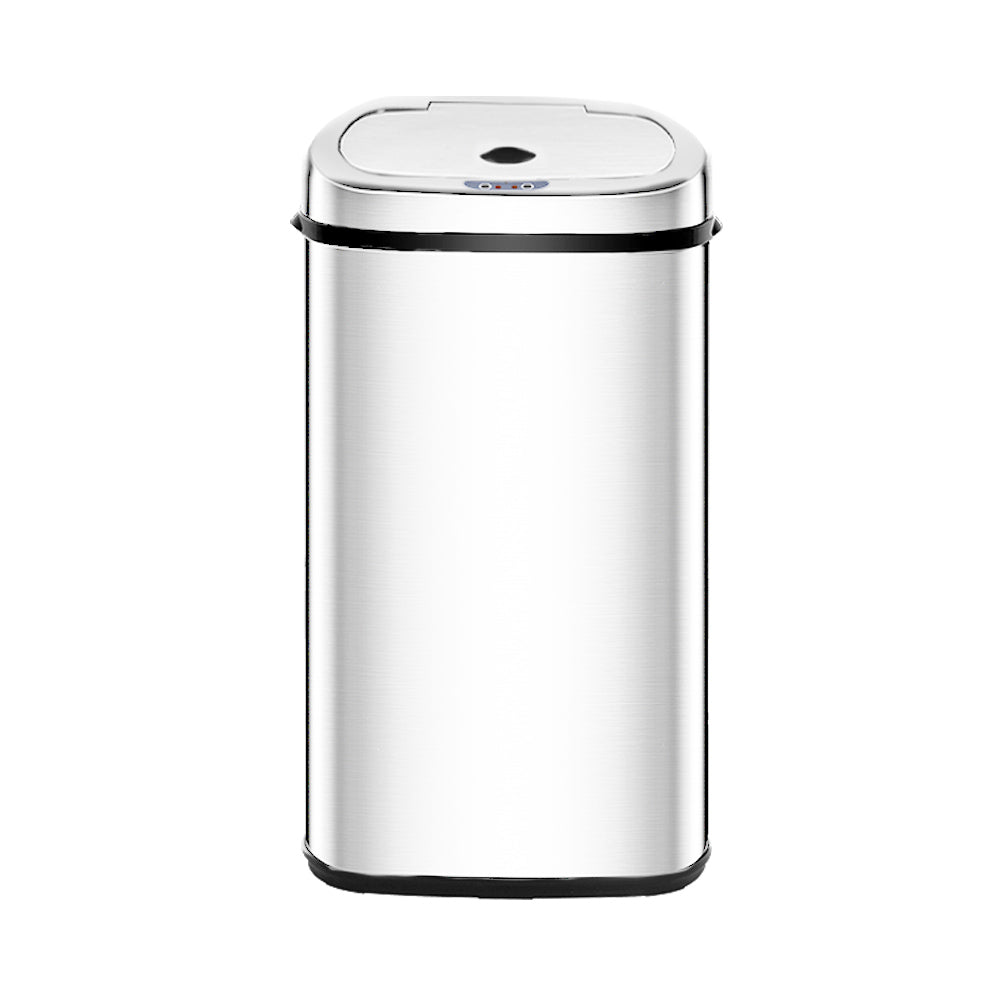 A sleek 50L stainless steel motion sensor rubbish bin with a modern design, perfect for kitchens.