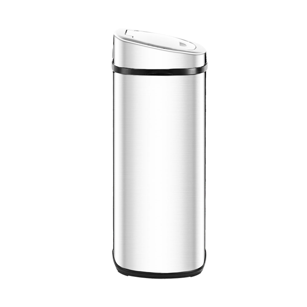 A sleek 50L stainless steel motion sensor rubbish bin with a modern design, perfect for kitchens.