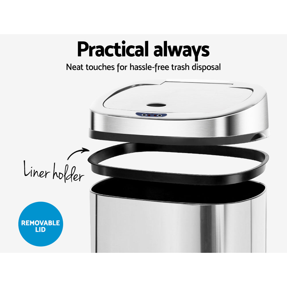 A sleek 50L stainless steel motion sensor rubbish bin with a modern design, perfect for kitchens.