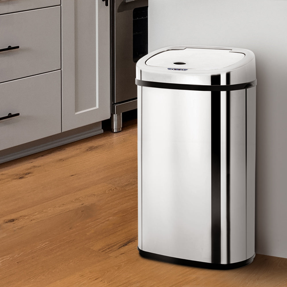 A sleek 50L stainless steel motion sensor rubbish bin with a modern design, perfect for kitchens.