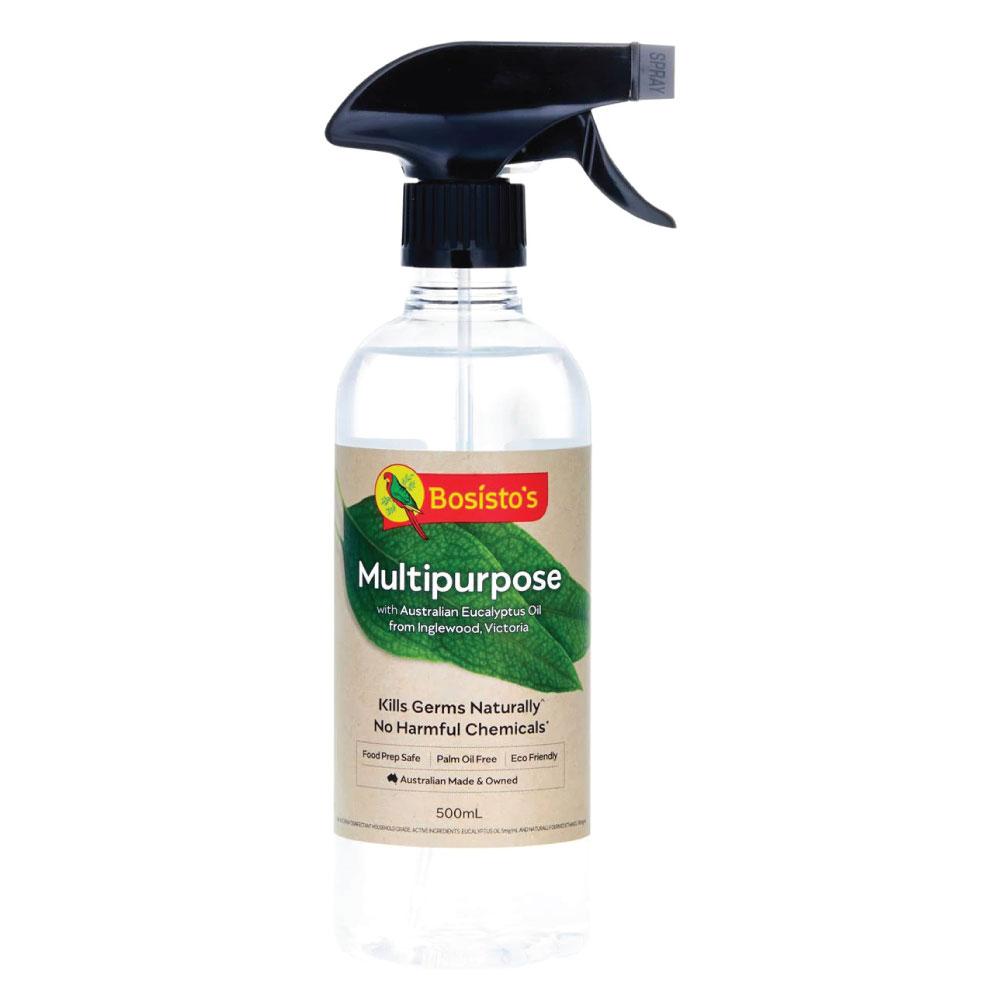 Bosisto's 500ml Multi-Purpose Spray featuring eucalyptus oil, eco-friendly packaging, and a spray nozzle for easy application.