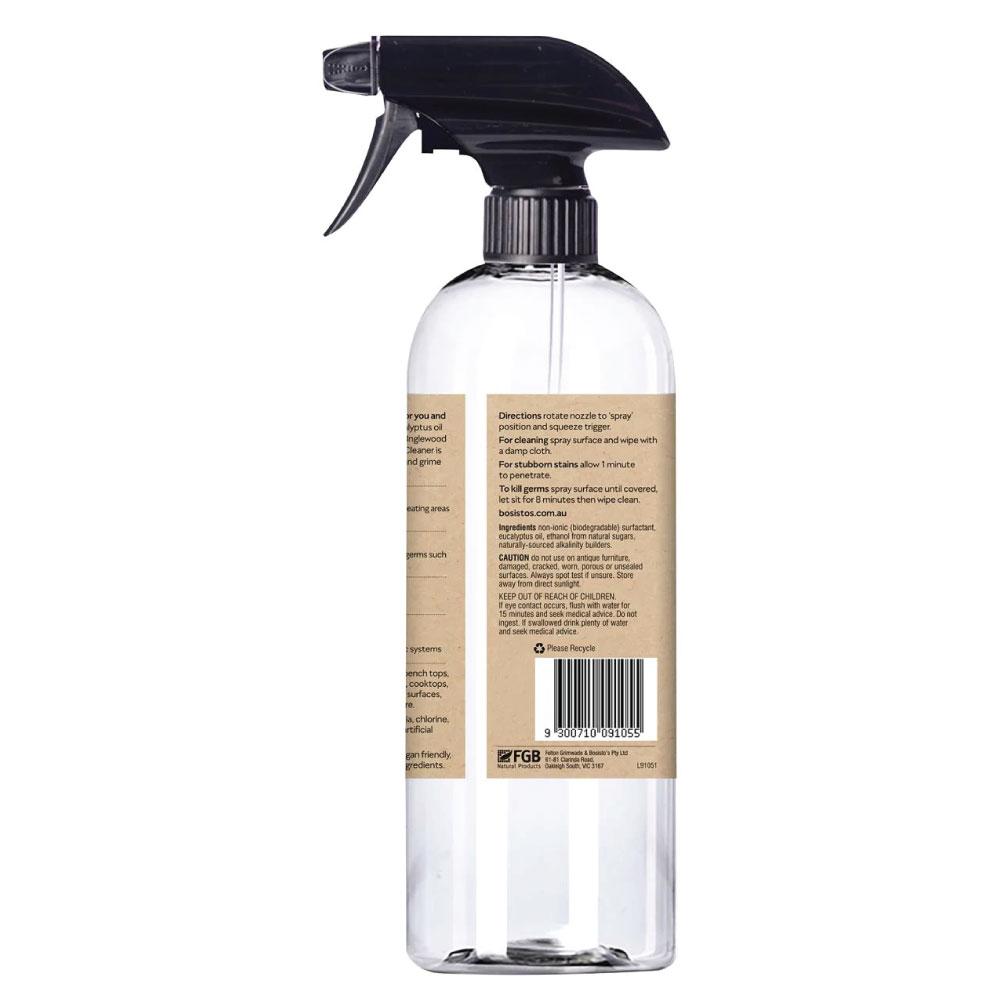 Bosisto's 500ml Multi-Purpose Spray featuring eucalyptus oil, eco-friendly packaging, and a spray nozzle for easy application.