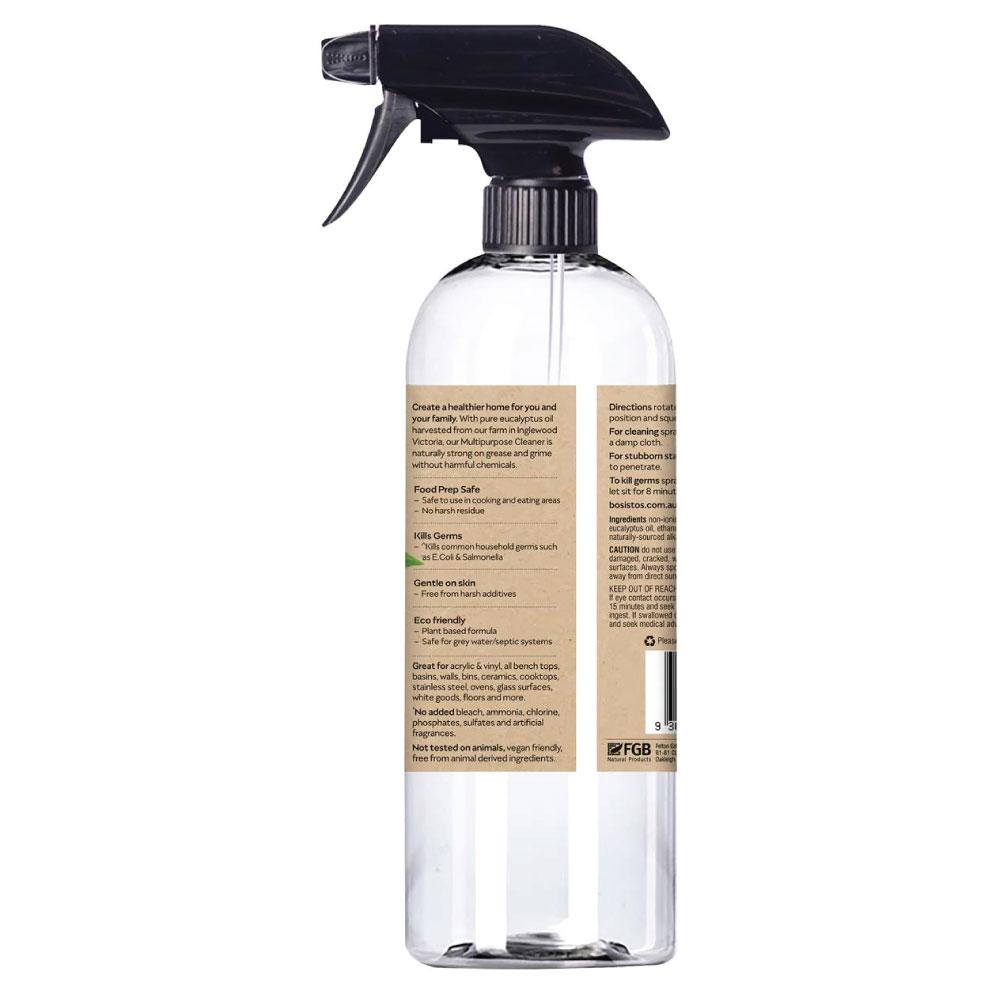 Bosisto's 500ml Multi-Purpose Spray featuring eucalyptus oil, eco-friendly packaging, and a spray nozzle for easy application.