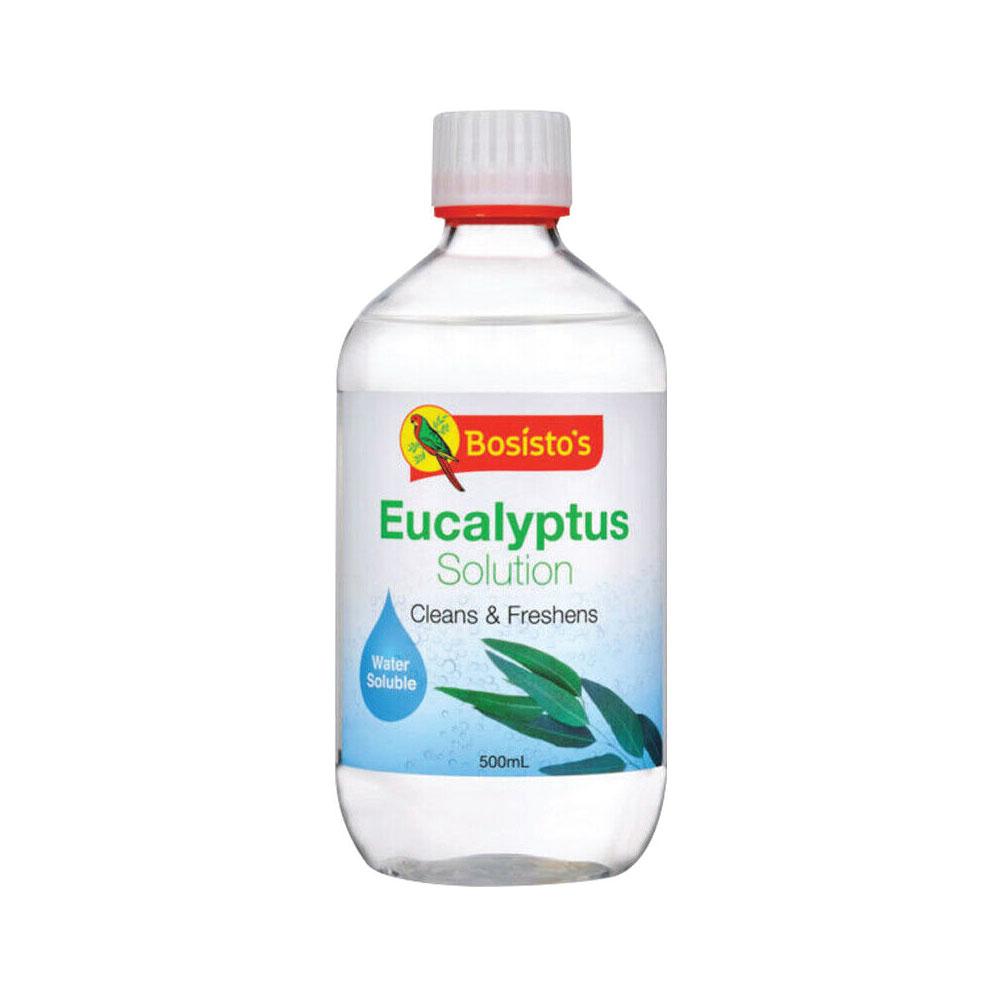 Bosisto's Eucalyptus Solution 500ml bottle with a fresh eucalyptus scent, designed for cleaning and deodorizing surfaces.