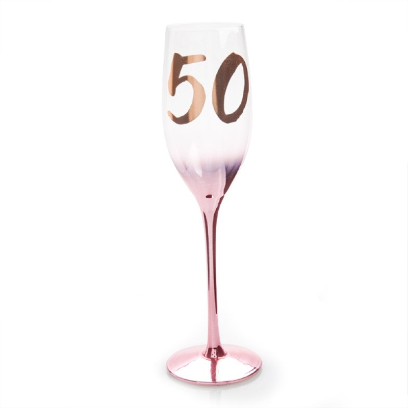 50th Birthday Blush Campagne Flute with rose gold metallic finish and cursive number 50 decal.