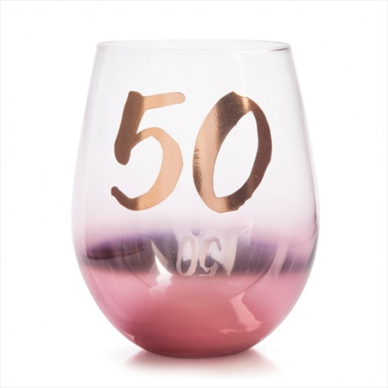 50th Birthday Blush Stemless glass with metallic rose gold bottom and cursive '50' decal.