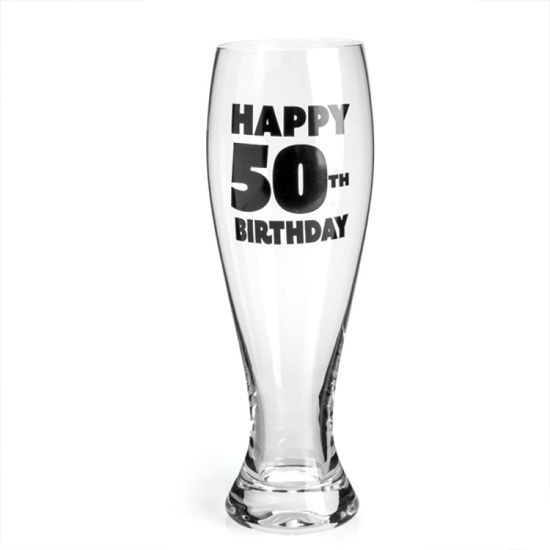 A beautifully hand-blown pilsner glass with a bold black 'Happy 50th Birthday' decal, perfect for celebrating milestone birthdays.