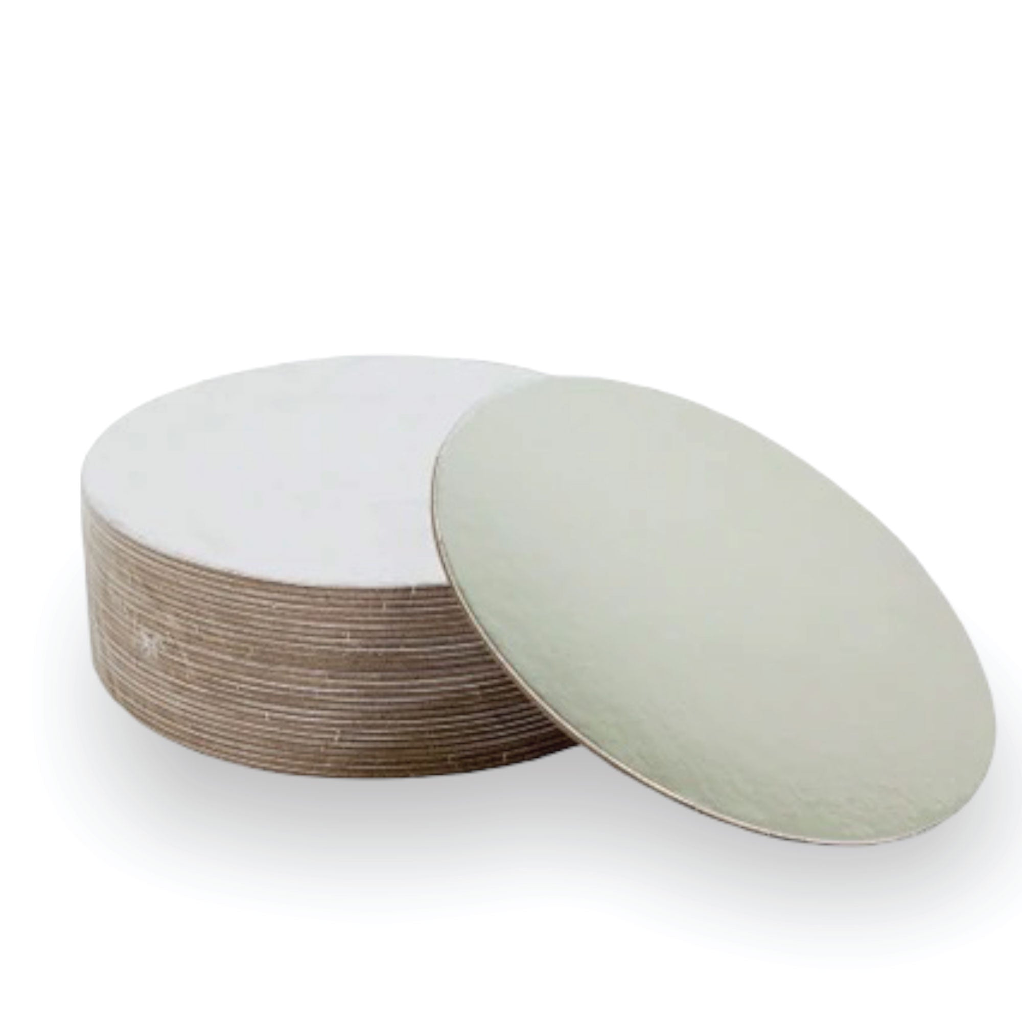 50 round silver reusable aluminium cake boards, 10 inches in diameter, perfect for elegant cake presentation.