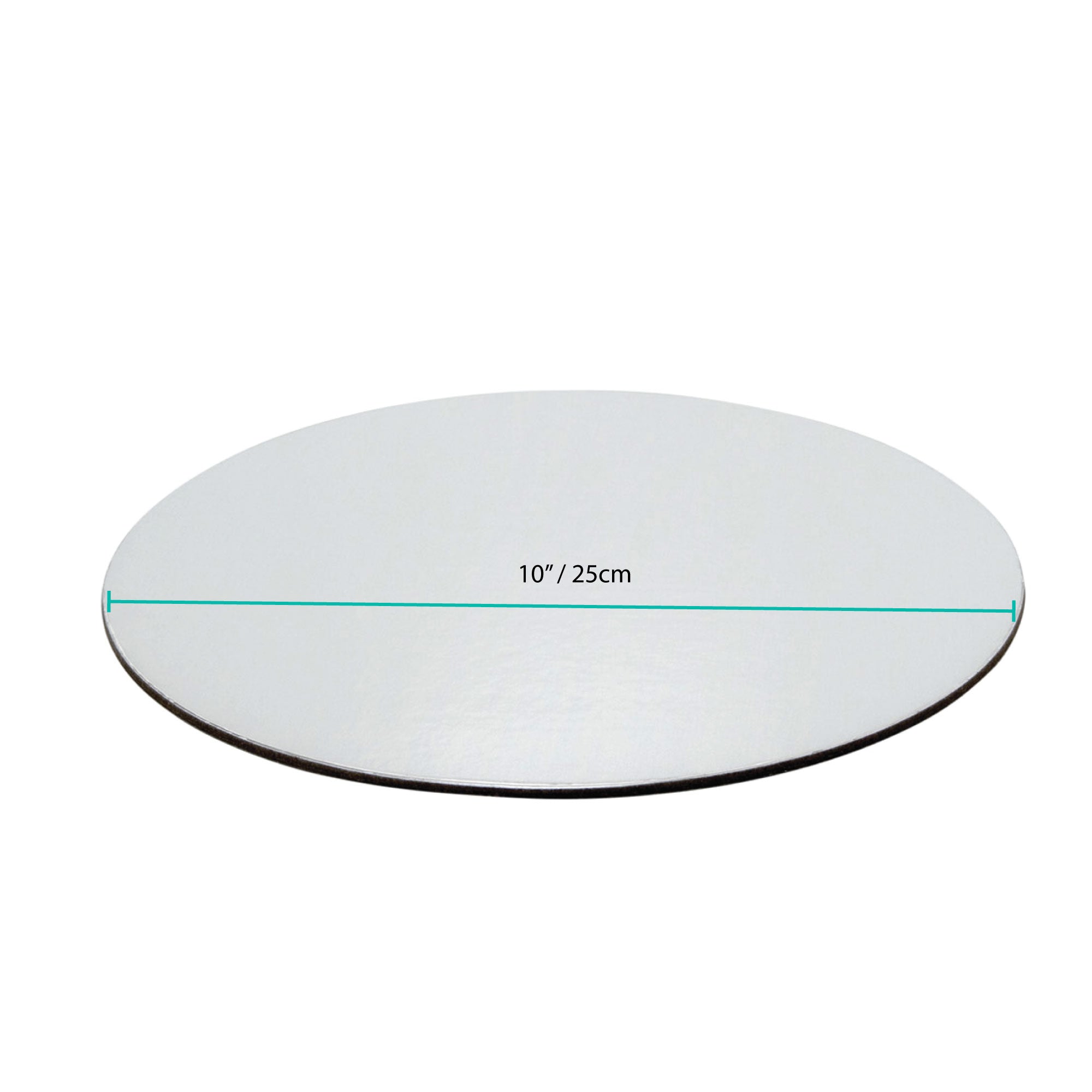 50 round silver reusable aluminium cake boards, 10 inches in diameter, perfect for elegant cake presentation.