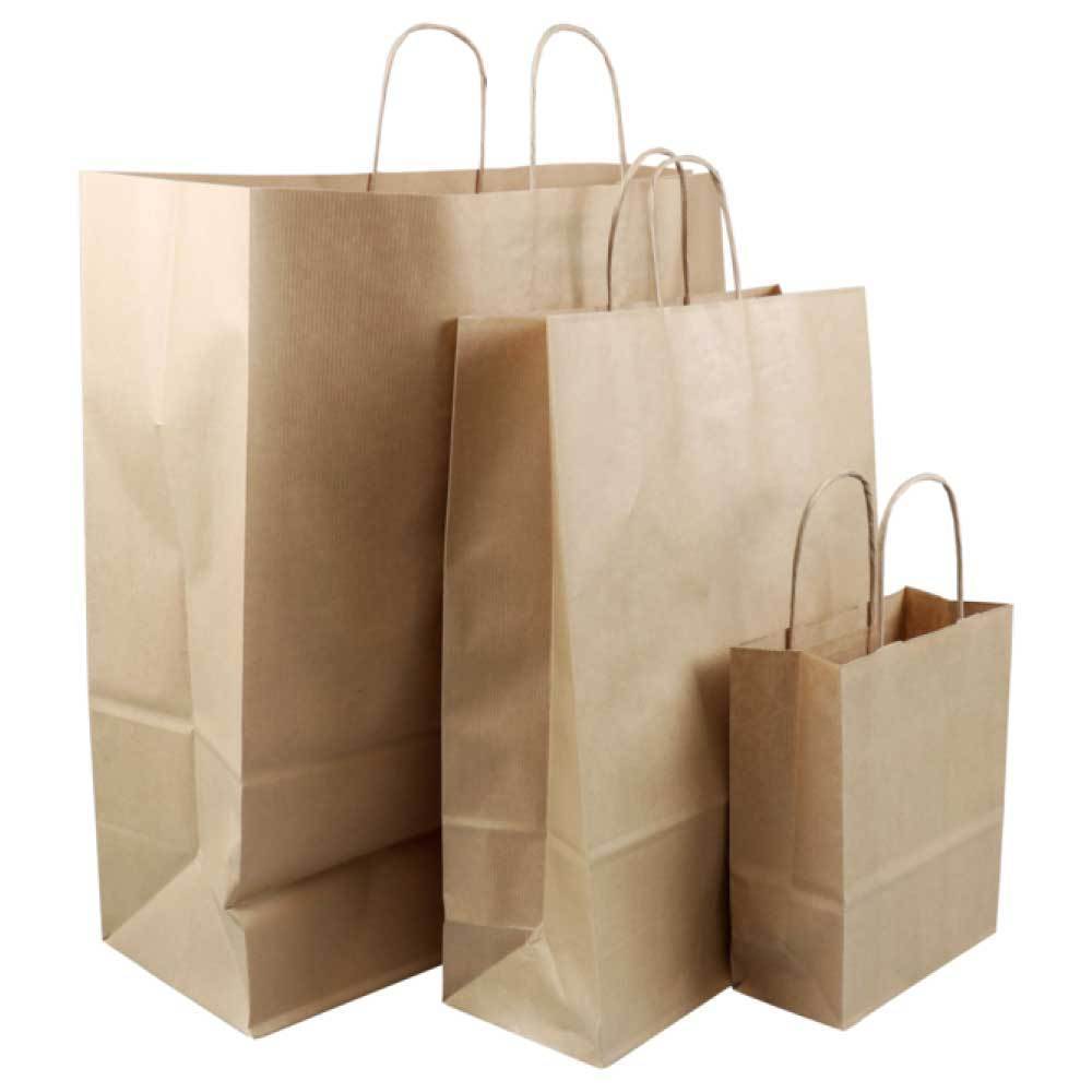 A stack of 50 brown kraft paper bags with twisted handles, showcasing their eco-friendly design and various sizes.