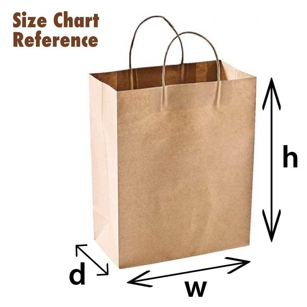 A stack of 50 brown kraft paper bags with twisted handles, showcasing their eco-friendly design and various sizes.