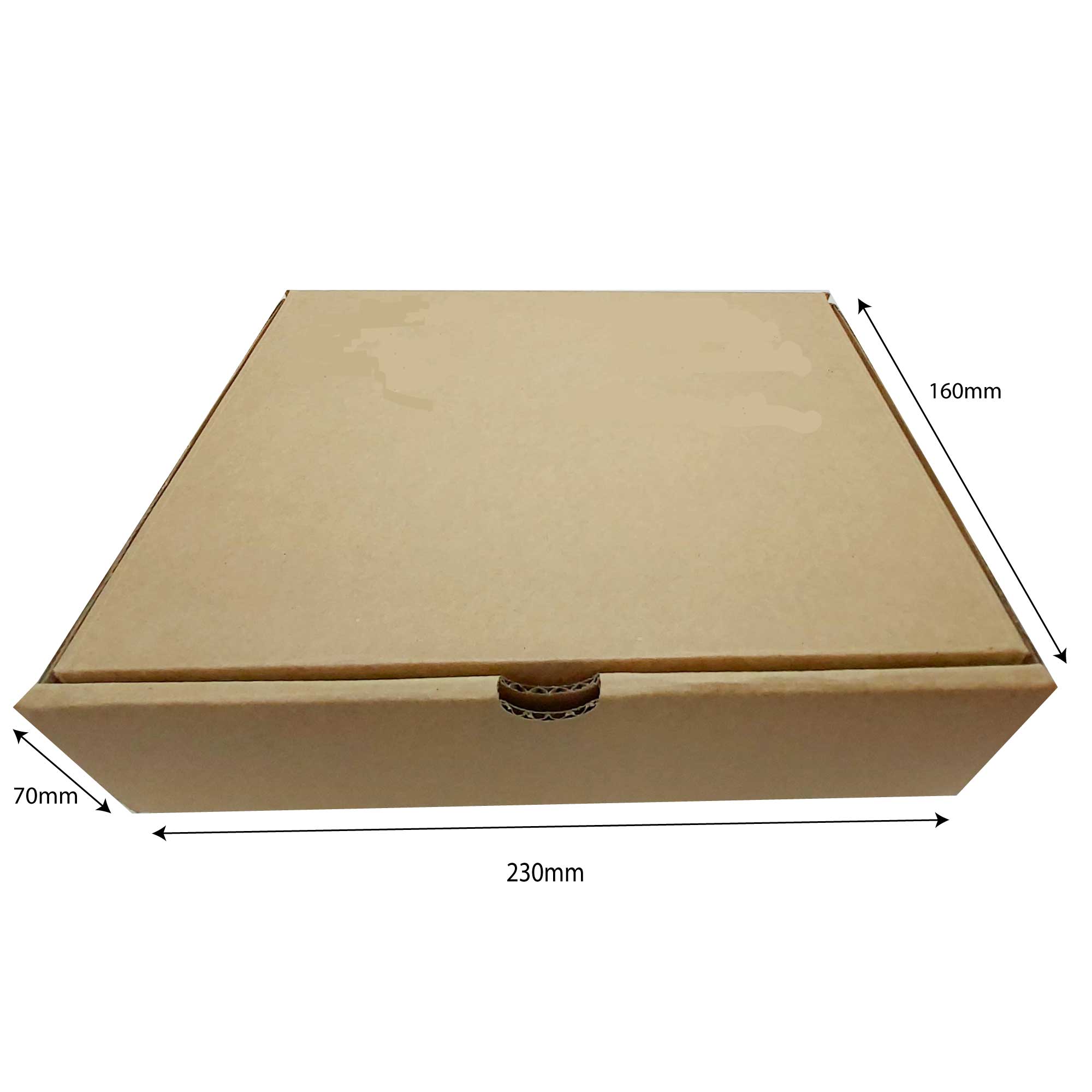 A stack of 50 brown die-cut mailing boxes, measuring 230x160x70 mm, ideal for shipping small items securely.