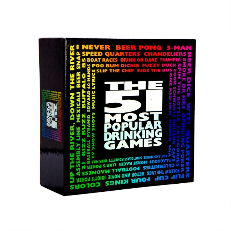 A colorful box containing 51 drinking games with rule cards, perfect for parties and gatherings.