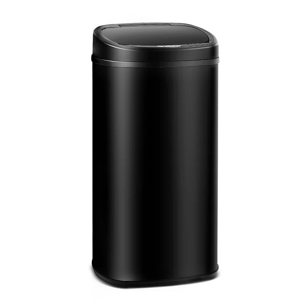 A sleek black 58L motion sensor rubbish bin made of fingerprint-resistant steel, showcasing its modern design and hands-free operation feature.