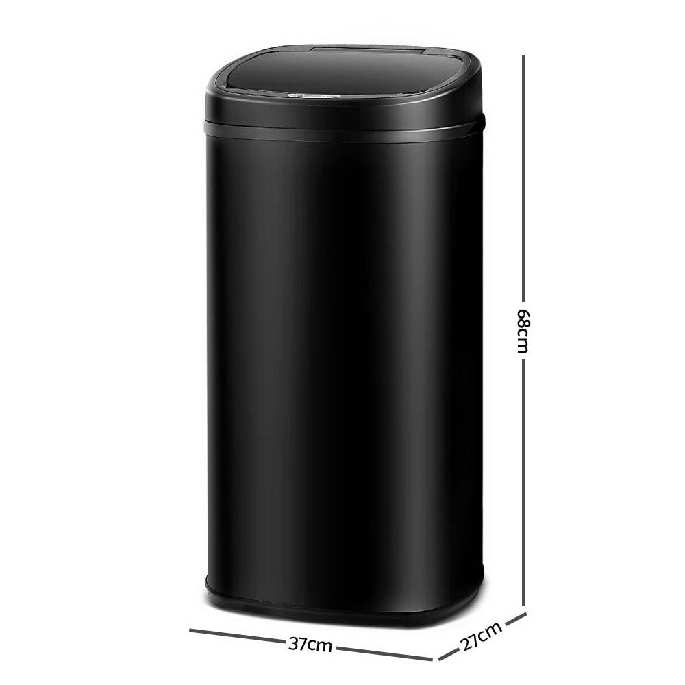 A sleek black 58L motion sensor rubbish bin made of fingerprint-resistant steel, showcasing its modern design and hands-free operation feature.