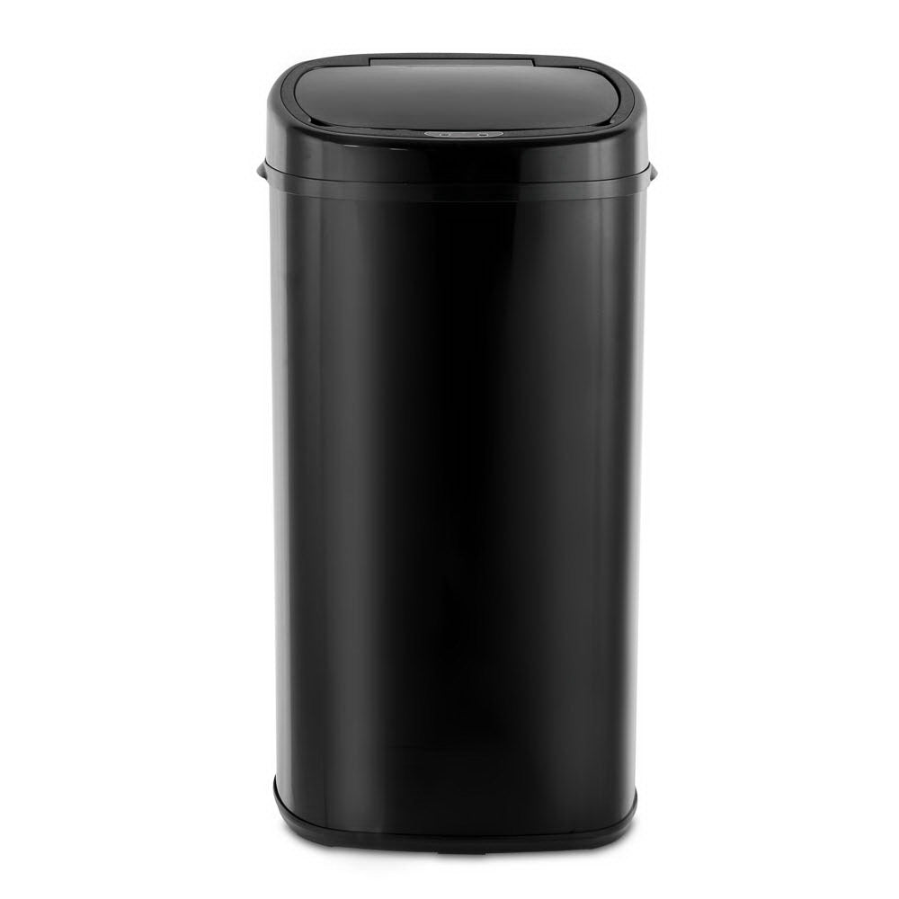 A sleek black 58L motion sensor rubbish bin made of fingerprint-resistant steel, showcasing its modern design and hands-free operation feature.