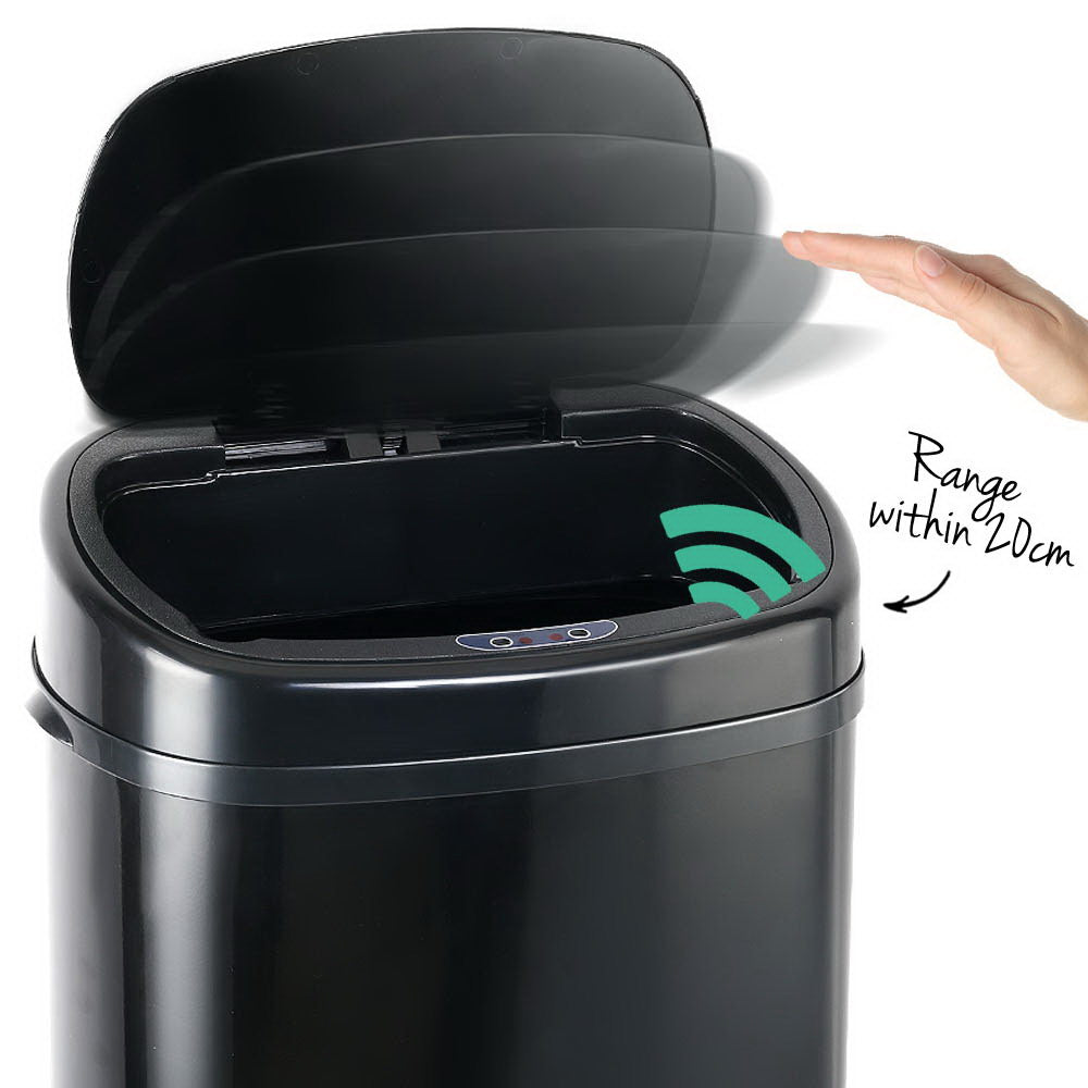 A sleek black 58L motion sensor rubbish bin made of fingerprint-resistant steel, showcasing its modern design and hands-free operation feature.