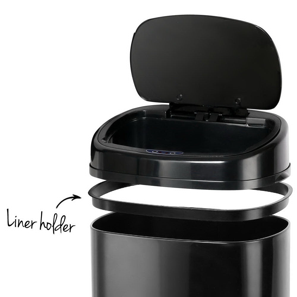 A sleek black 58L motion sensor rubbish bin made of fingerprint-resistant steel, showcasing its modern design and hands-free operation feature.