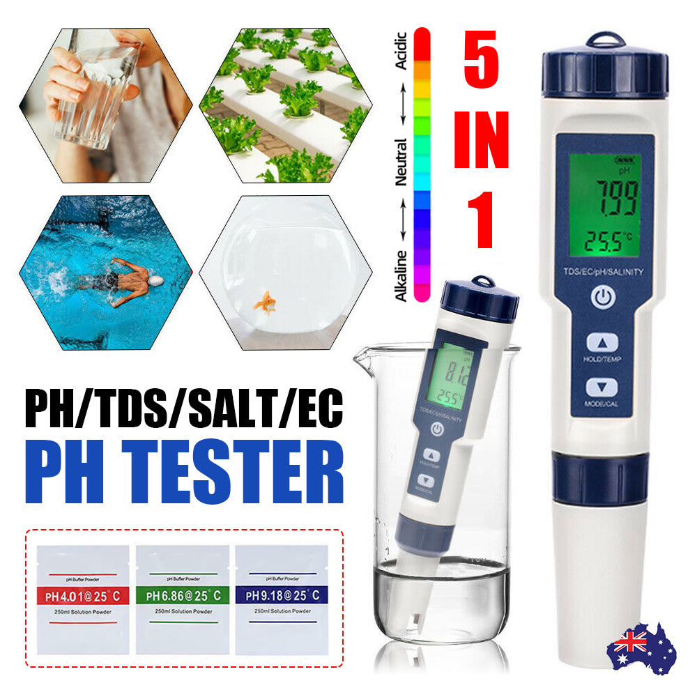 5-IN-1 Digital Water Quality Tester displaying pH, TDS, EC, temperature, and salinity measurements in a waterproof design.