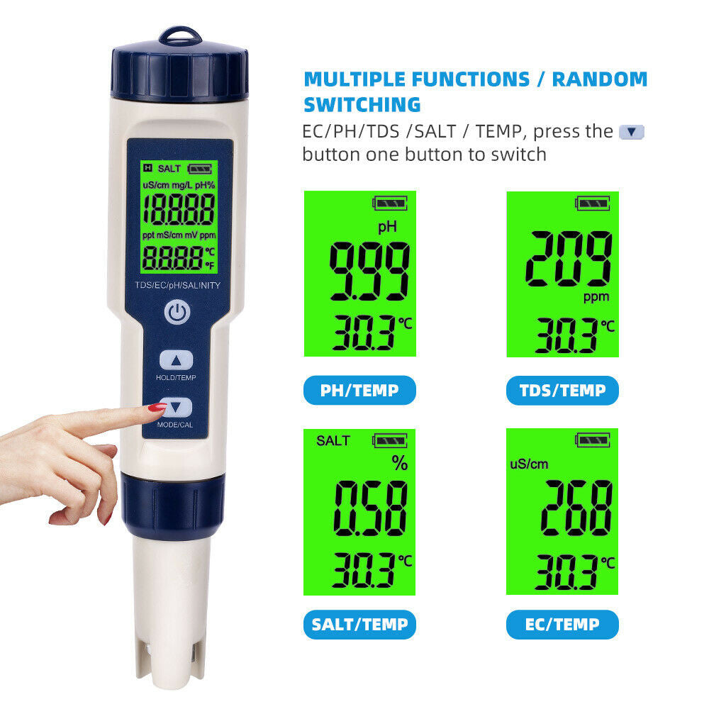 5-IN-1 Digital Water Quality Tester displaying pH, TDS, EC, temperature, and salinity measurements in a waterproof design.