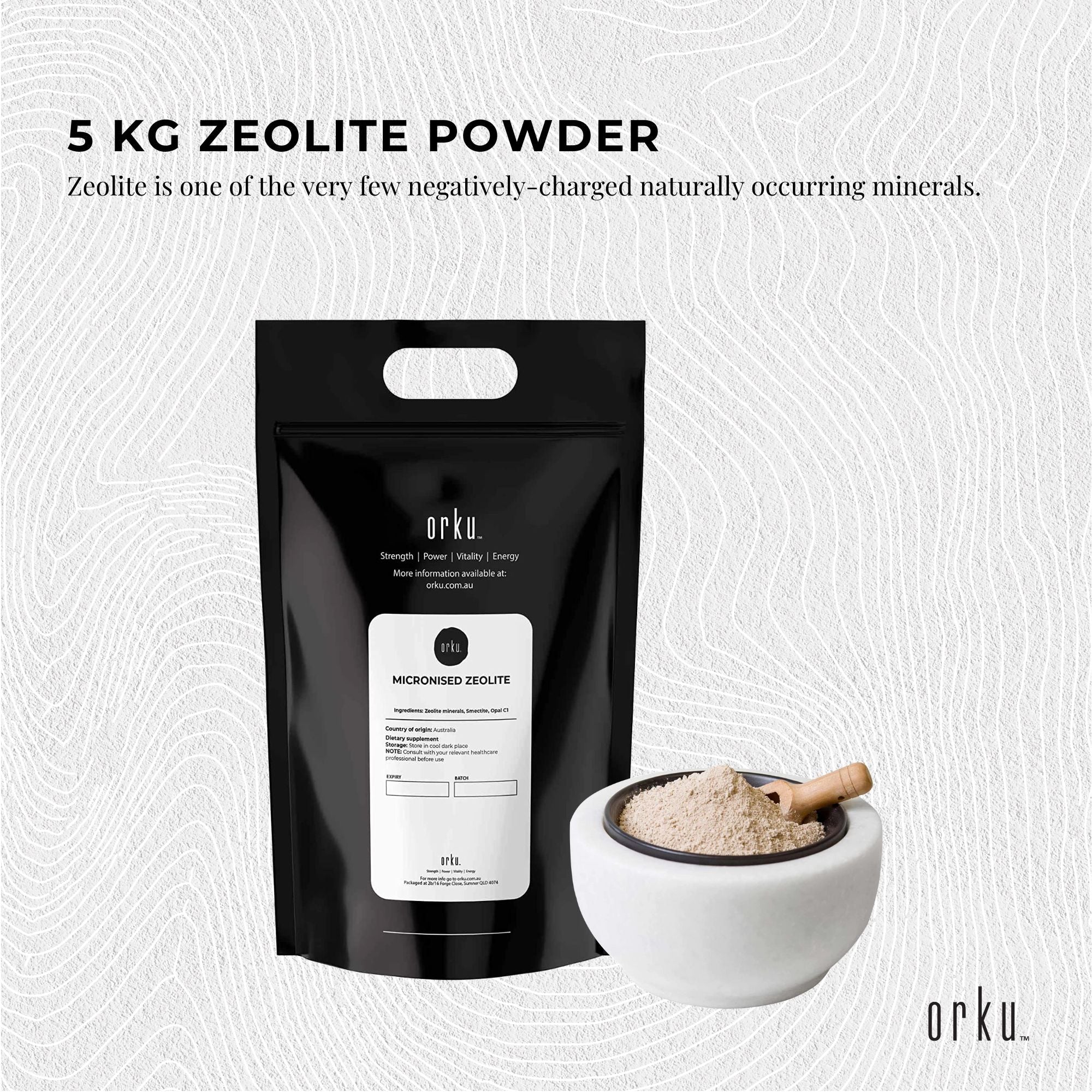 5Kg Pure Micronised Zeolite Powder Supplement in resealable packaging, showcasing its fine texture and quality.