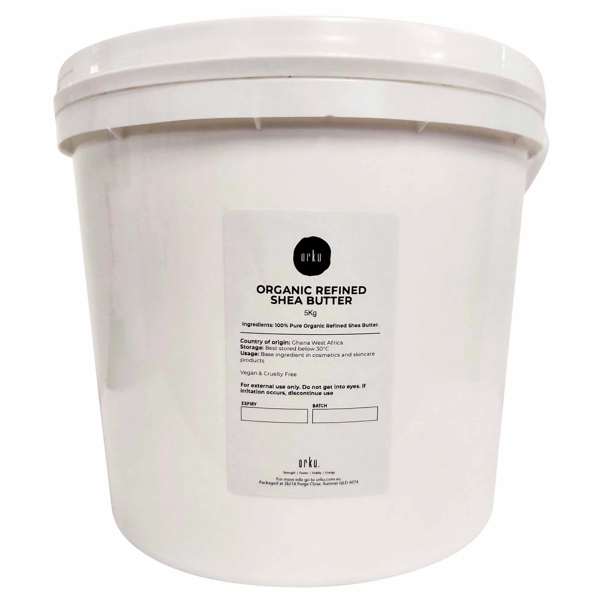 5Kg tub of refined organic shea butter, white and creamy texture, ideal for cosmetics and skincare applications.