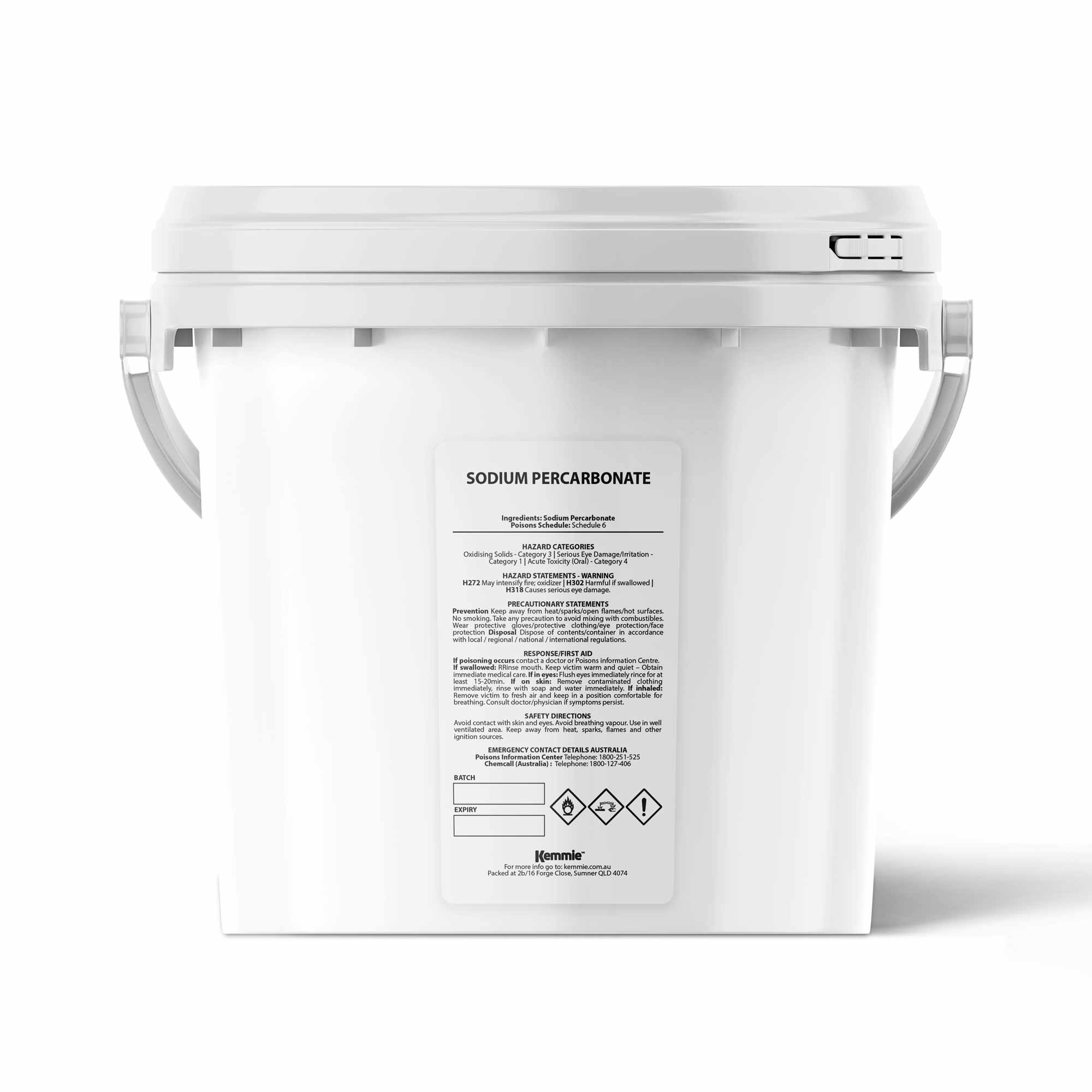 5Kg tub of Sodium Percarbonate, an eco-friendly laundry cleaner and sanitiser, featuring white pearls and a resealable lid.