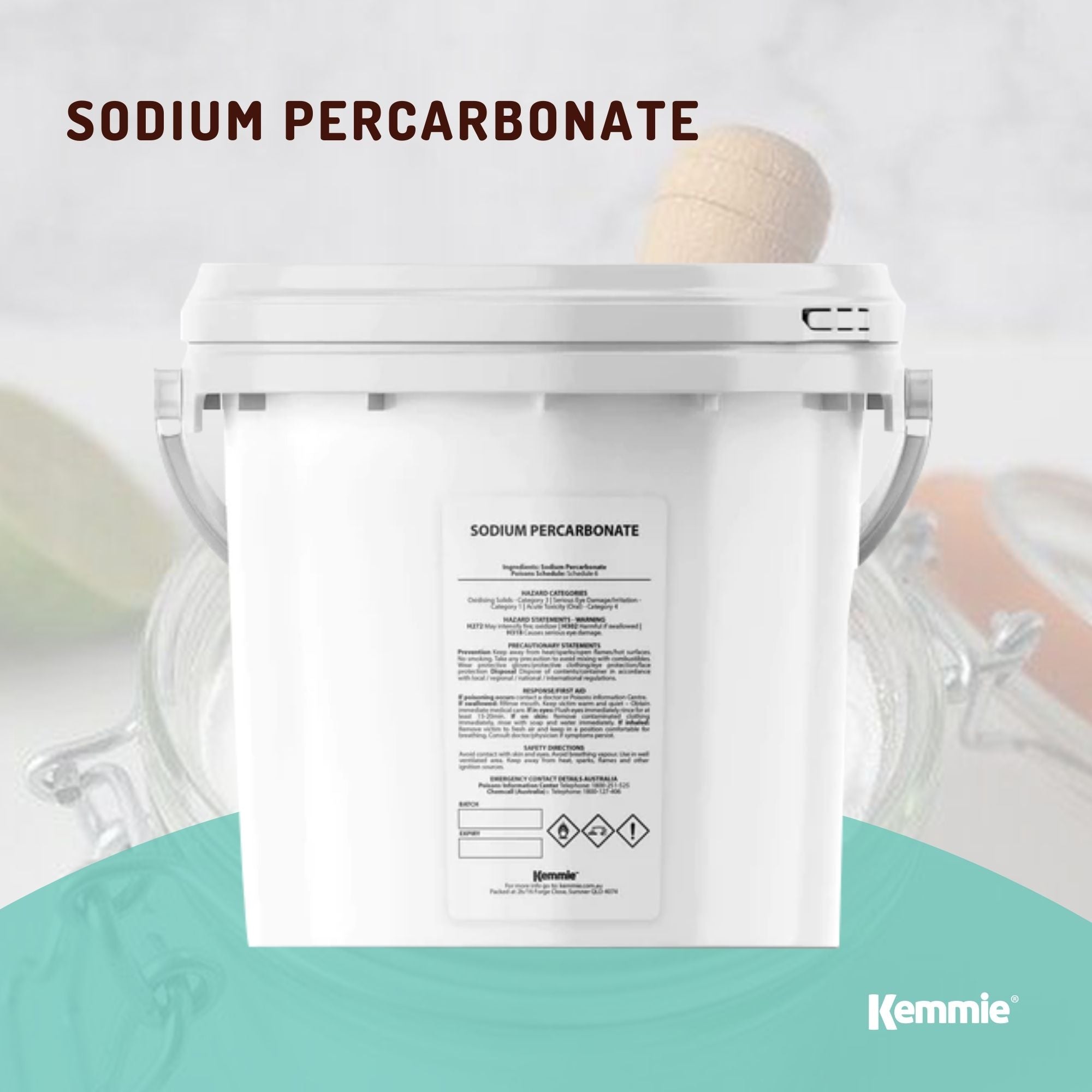 5Kg tub of Sodium Percarbonate, an eco-friendly laundry cleaner and sanitiser, featuring white pearls and a resealable lid.