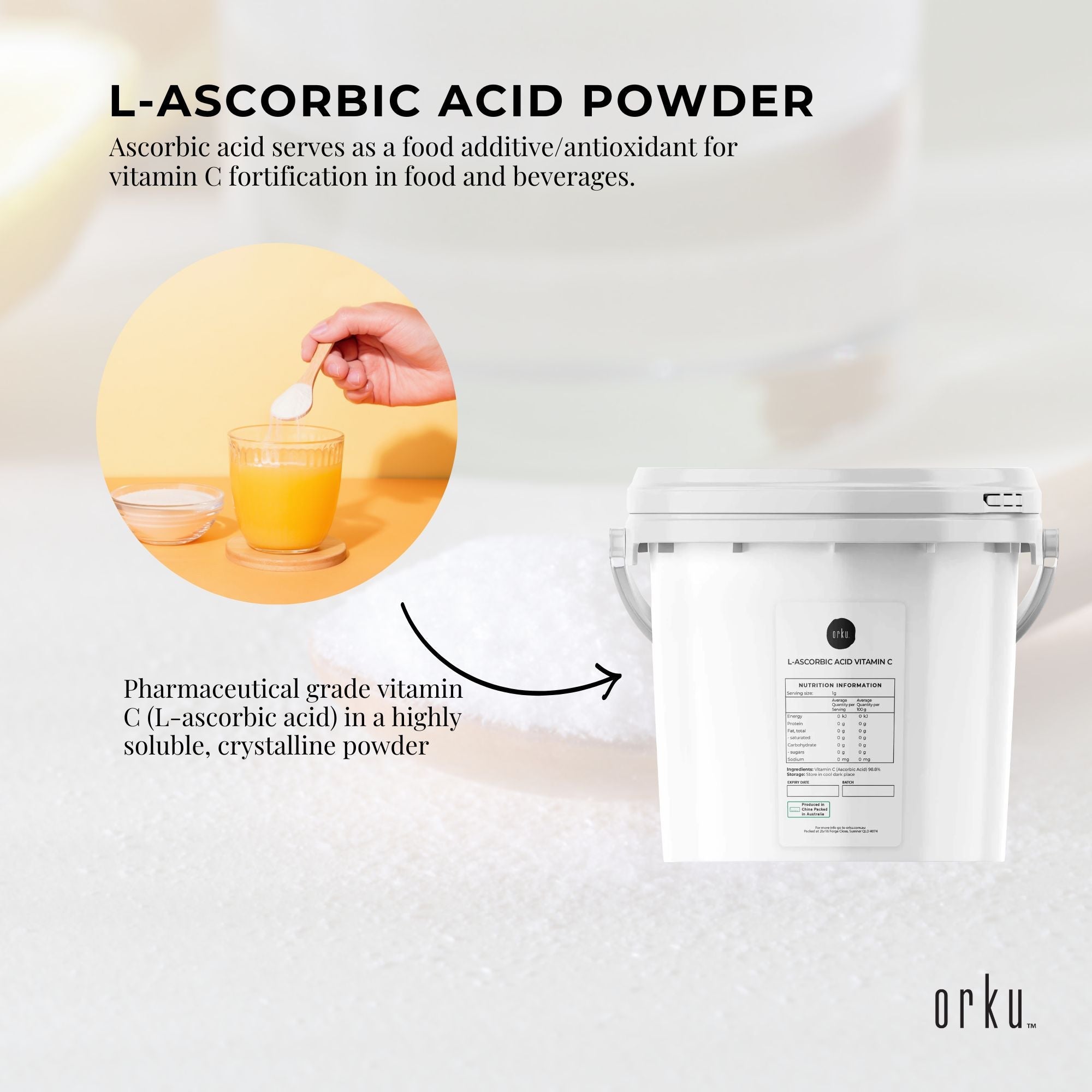 5Kg tub of pure Vitamin C Powder, L-Ascorbic Acid, pharmaceutical grade, resealable packaging.