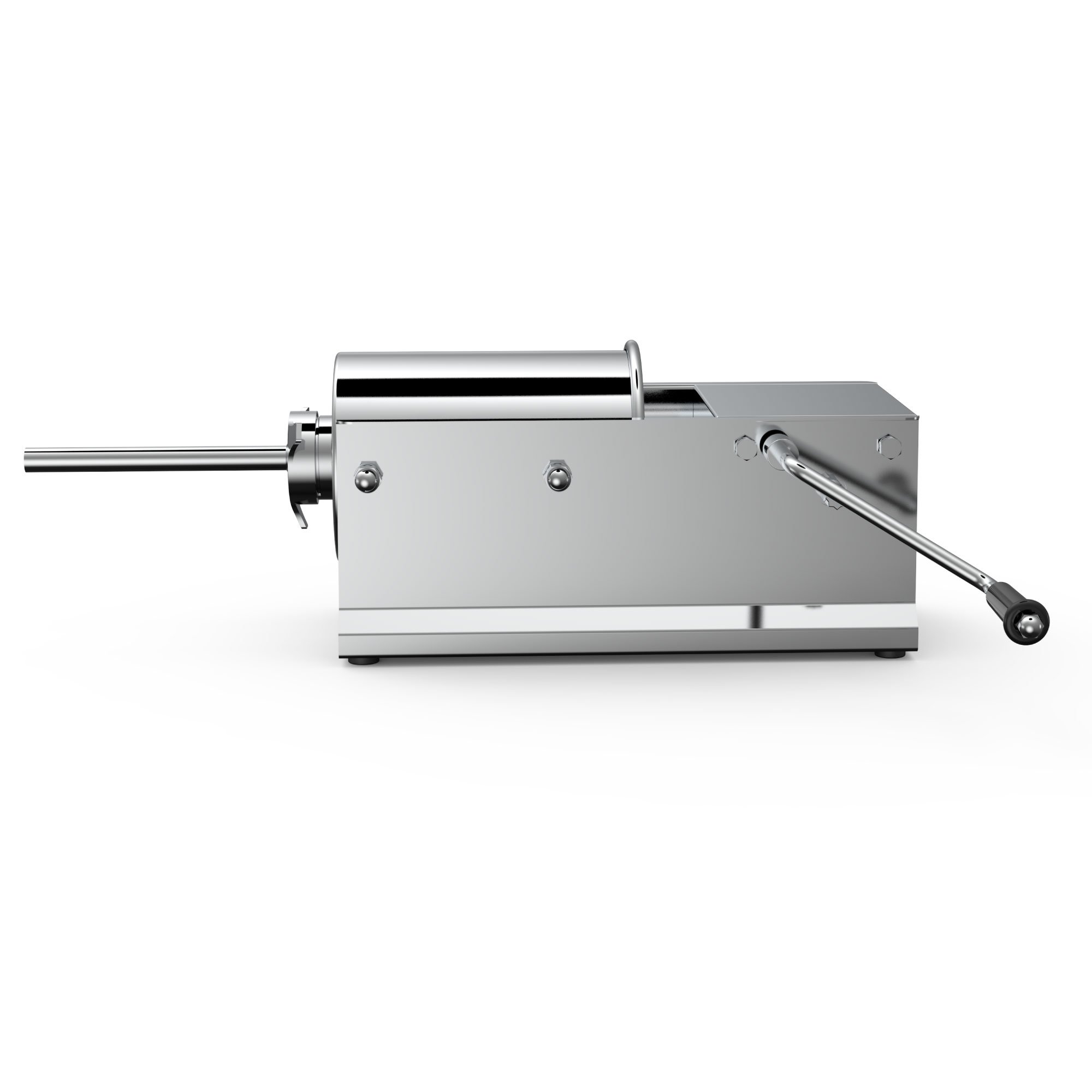 5L Manual Horizontal Sausage Filler made of stainless steel with four nozzles, ergonomic handle, and removable cylinder for easy cleaning.