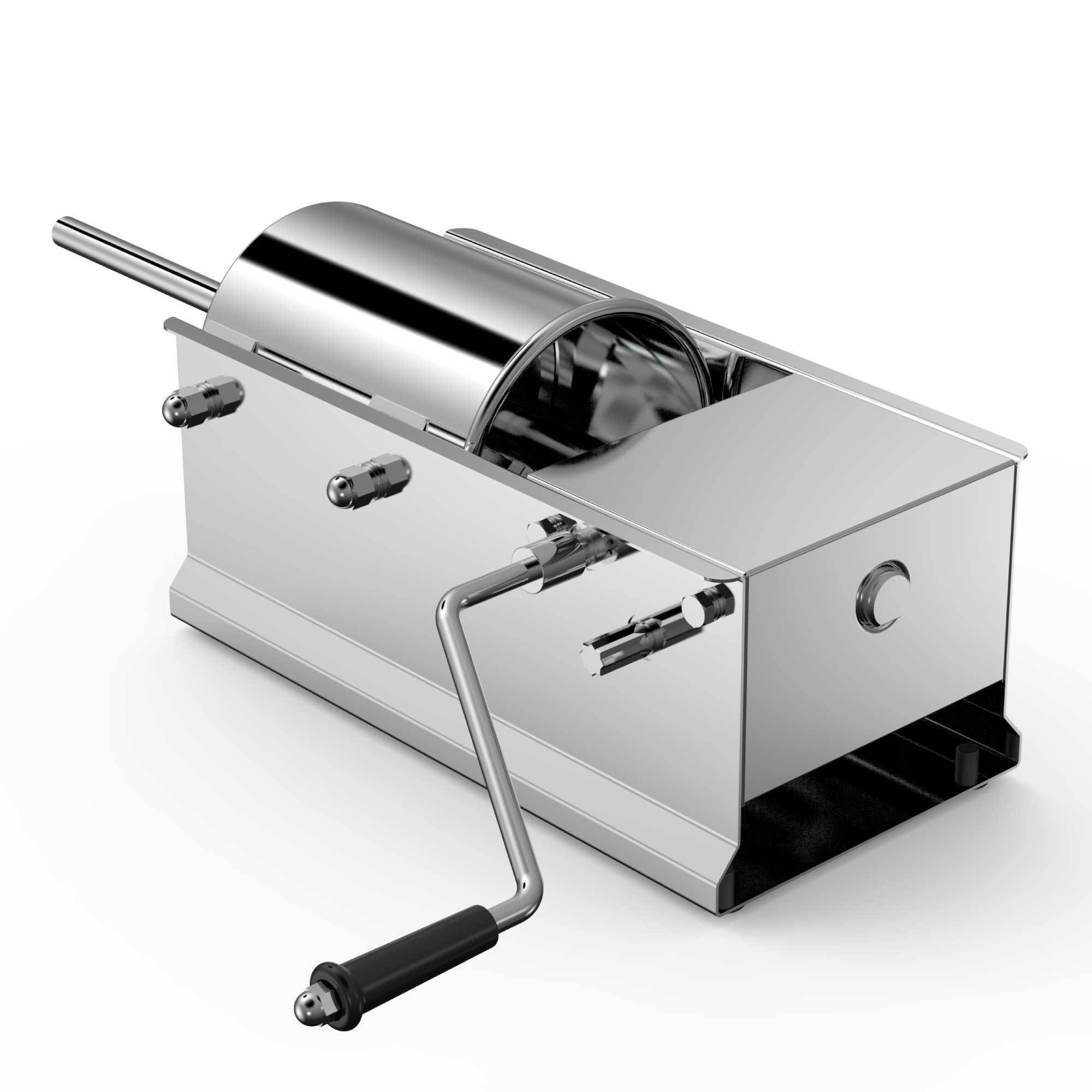 5L Manual Horizontal Sausage Filler made of stainless steel with four nozzles, ergonomic handle, and removable cylinder for easy cleaning.