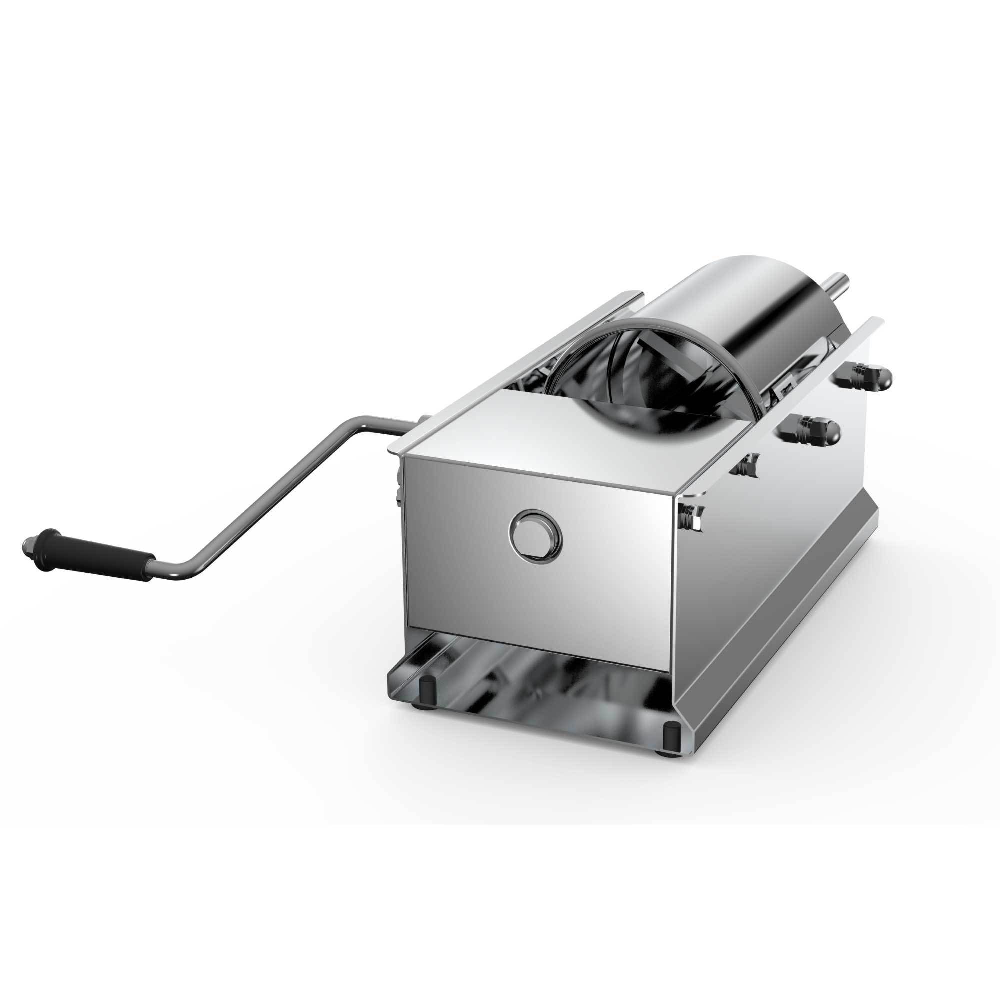 5L Manual Horizontal Sausage Filler made of stainless steel with four nozzles, ergonomic handle, and removable cylinder for easy cleaning.