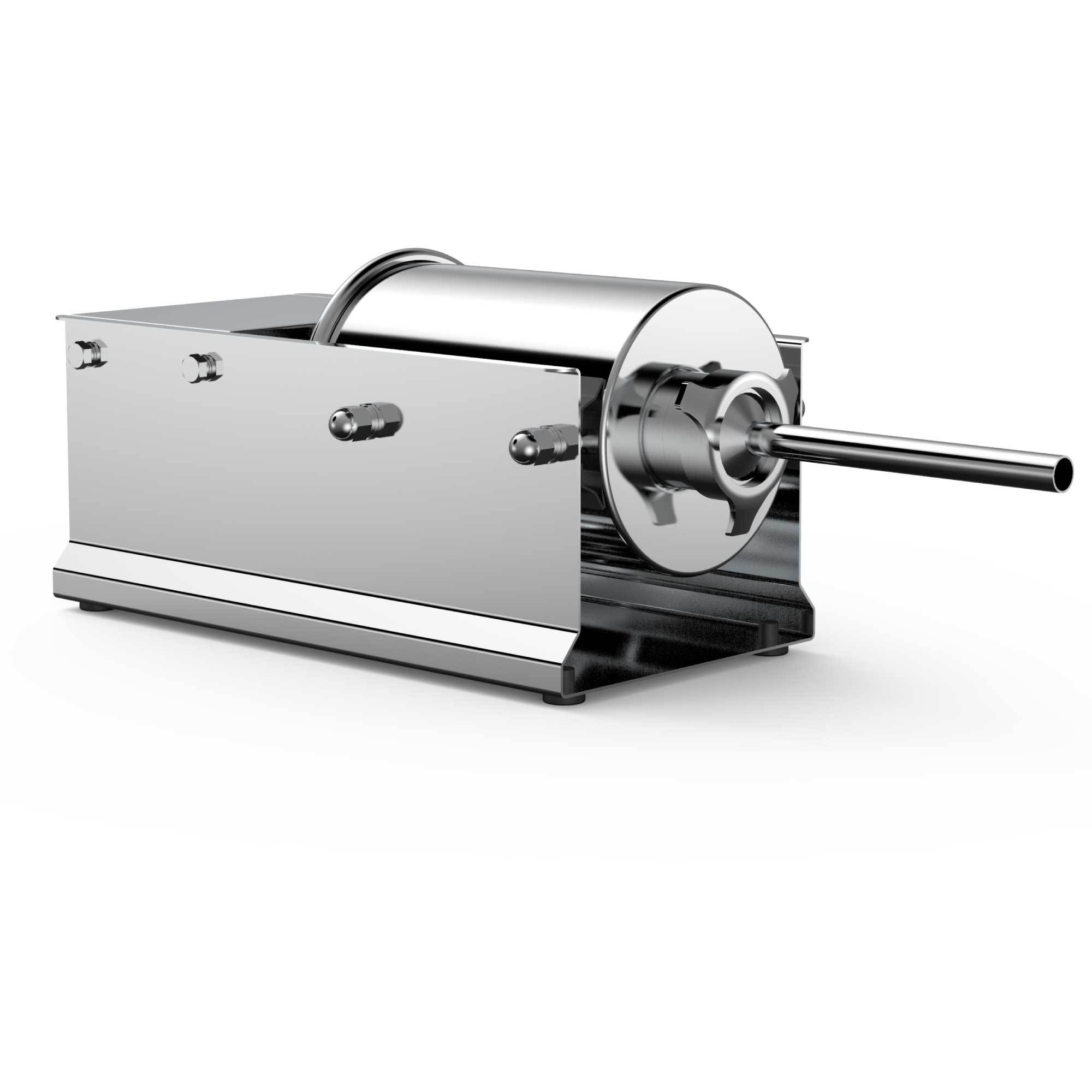 5L Manual Horizontal Sausage Filler made of stainless steel with four nozzles, ergonomic handle, and removable cylinder for easy cleaning.