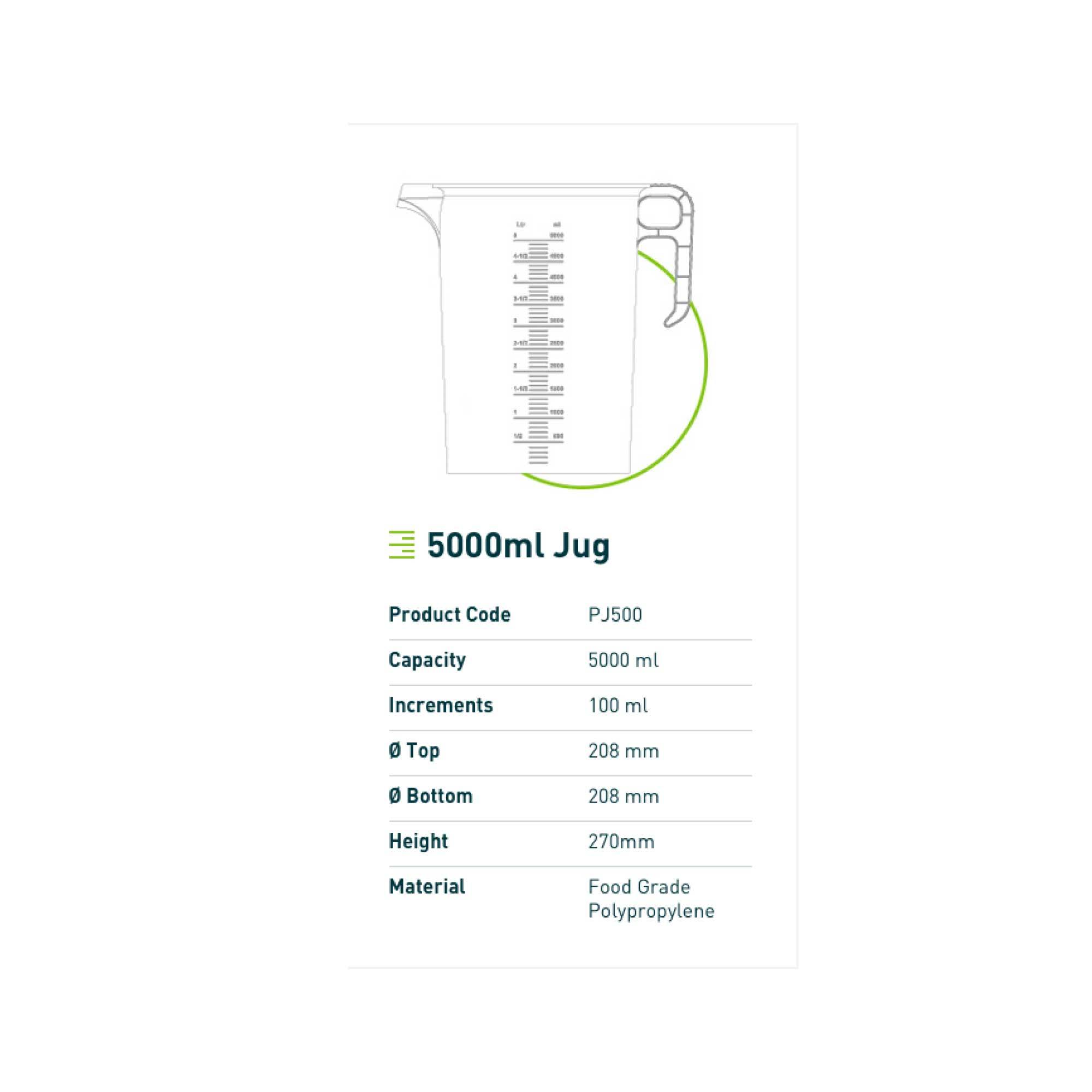 5L Measuring Jug made of clear heavy-duty food-grade polypropylene with a sturdy handle and clear measurement increments.