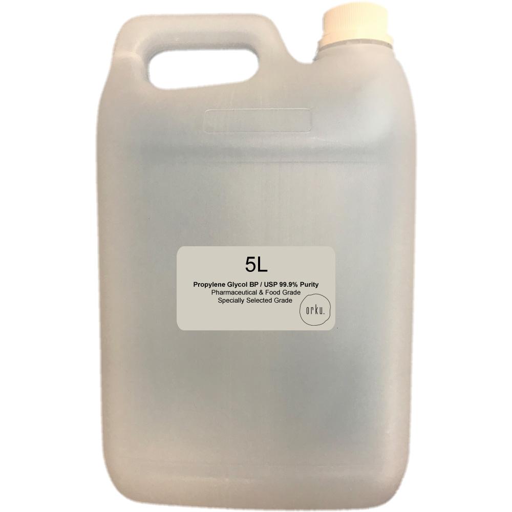 5L container of Propylene Glycol BP USP, a clear liquid used in pharmaceuticals and food products.