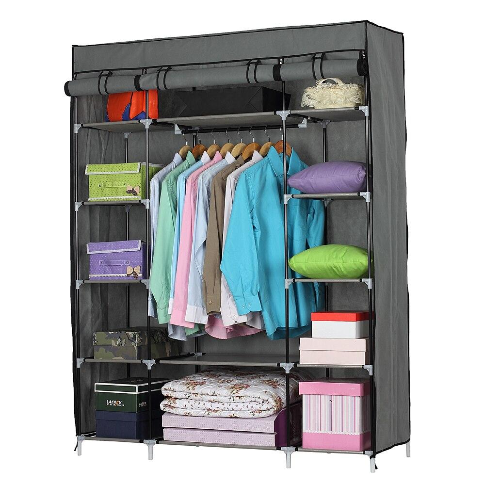 5-layer portable closet in gray and navy, featuring 12 compartments for organized storage.