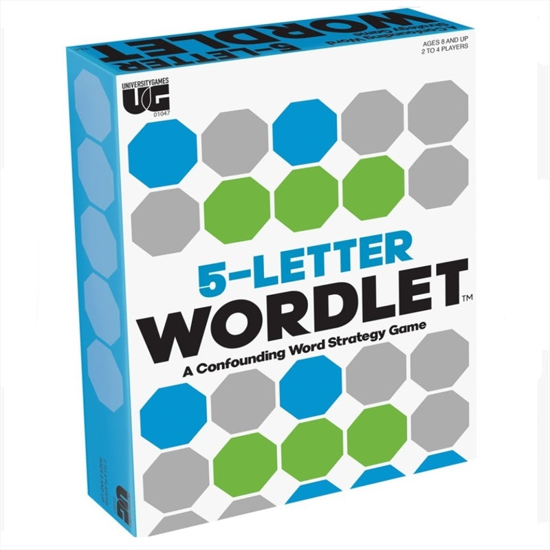 A colorful box of the 5-Letter Wordlet game featuring letters and word puzzles, designed for family fun and vocabulary enhancement.